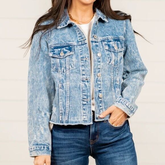 Jean Denim Distressed Acid Wash Raw Hem Jean Jacket - Picture 8 of 9